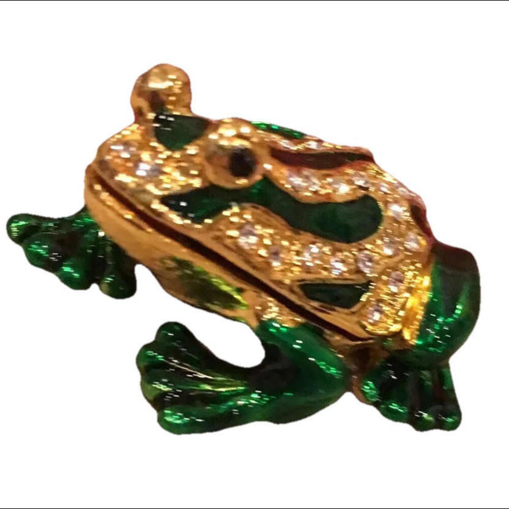 👸🏼Great Gift Mini Green Golden Frog Trinket Box Crystal Decoration Approx 2x2